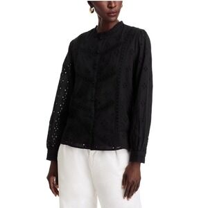 KOKO + MASON Black Cotton Eyelet Embroidered Button Front Shirt T4683 Small NEW